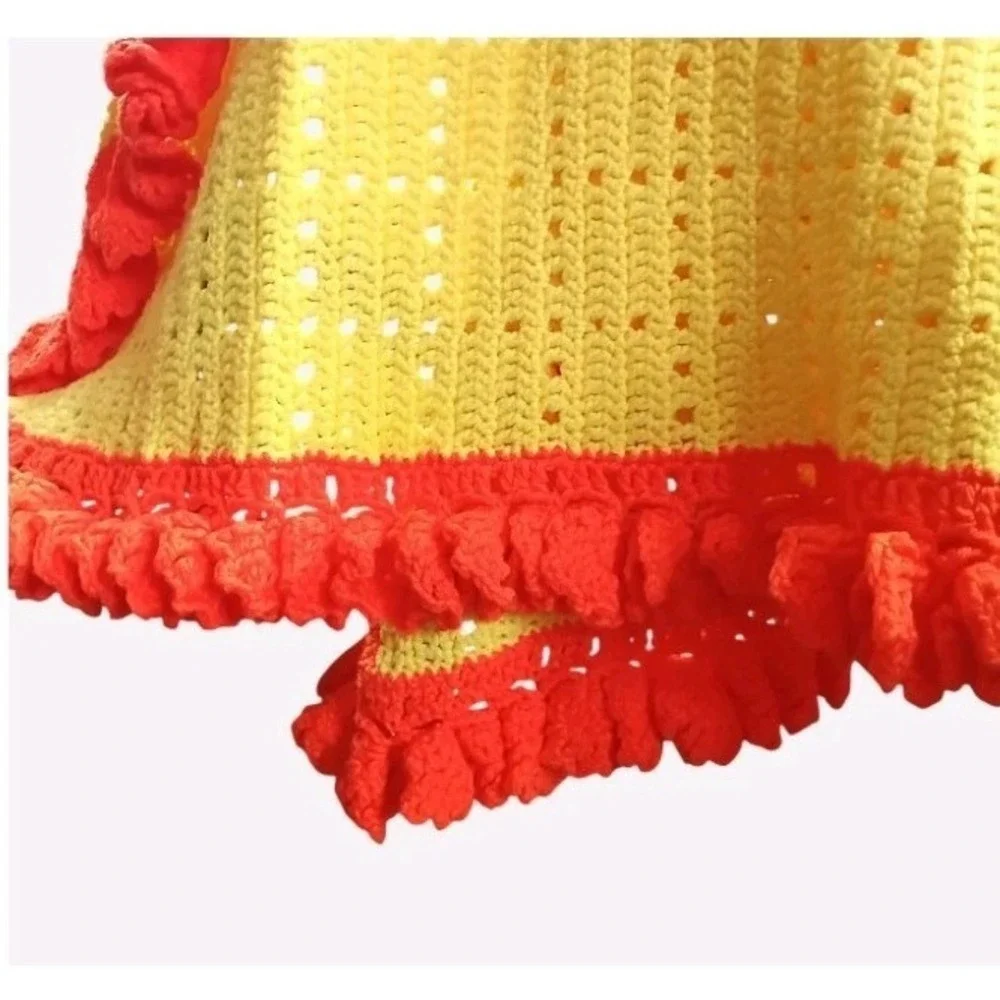 Neon Yellow And Orange Handmade Crochet Afghan Blanket With Ruffle Trim 90
